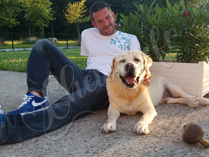 Chewie - Chien labrador retriever sable LOF - Chewie adore être aux cotés de son maître Michael. Pose tous les deux sur la terrasse.